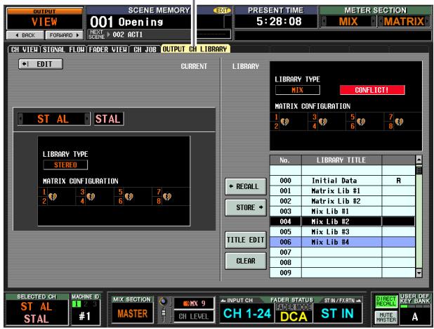 OUTPUT VIEW 001 Open in g PRESENT TIME 5:28:08 METER SECTION MIX MATRIX CH VIEW SIGNAL FLOW FADER VIEW CH JOB OUTPUT CH LIBRARY EDIT CURRENT ST AL STAL LIBRARY TYPE STEREO MATRIX CONFIGURATION 1 3 5 7 2 4 6 8 LIBRARY LIBRARY TYPE MIX CONFLICT! MATRIX CONFIGURATION 1 3 5 7 2 4 6 8 No. LIBRARY TITLE 000 Initial Data R 001 Matrix Lib B1 002 Matrix Lib B2 003 Mix Lib B1 004 Mix Lib B2 005 Mix Lib B3 006 Mix Lib B4 007 008 009 RECALL STORE + TITLE EDIT CLEAR SELECTED CH MACHINE ID MIX RECTION MASTER MASTER #1 CH LEVEL CH 1-24 DCA ST IN ORDER OF KEY JUNK ROUTE A