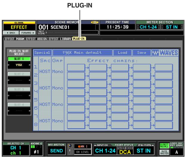 PLUG-IN GLOBAL EFFECT 001 SCENE MEMOR EFFECT SHORT SCENE PRESENT TIME 11:25:39 METER SECTION CH 1-24 ST IN EFFECT PARAM EFFECT ASSIGN EFFECT LIBRARY PLUG-IN PLUG-IN SLOT SELECT SLOT 1 Y96K SLOT 2 HOST Mono HOST Mono HOST Mono HOST Mono Special Y96K Main default Load Save Src Grp Effect chains: 1 2 3 4 5 6 7 8 SELECTED CH MACHINE ID MIX SECTION INPUT CH FADER STATUS STIN/FERTN DIRECT COOL USER DEF CH 1 CH 1 CH 1-24 DCA ST IN RUTE MISTEN A SEND CH LEVEL CH 1-24
