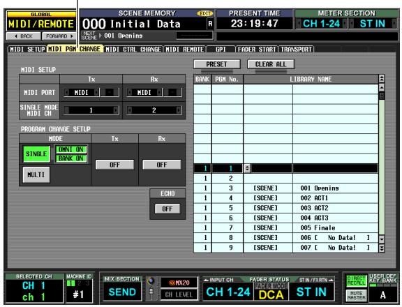 MIDI/REMOTE 000 Initial Data PRESENT TIME 23:19:47 METER SECTION CH 1-24 ST IN MIDI SETUP MIDI PON CHANGE MIDI CTRL CHANGE MIDI REMOTE GPI FADER START TRANSPORT PRESET CLEAR ALL MIDI SETUP Tx Rx BANK PON No. LIBRARY NAME MIDI PORT MIDI MIDI STINGLE MODE 1 2 PROGRAM CHANGE SETUP MODE Tx Rx SINGLE DBNT ON BANK ON OFF OFF MULTI 1 1 C 1 2 1 3 [SDENE] 001 Overning 1 4 [SDENE] 002 ACT1 1 5 [SDENE] 003 ACT2 1 6 [SDENE] 004 ACT3 1 7 [SDENE] 005 Final 1 8 [SDENE] 006 [ No Data! ] 1 9 [SDENE] 007 [ No Data! ] SELECTED CH MACHINE ID MIX SECTION INPUT CH FADER STATUS SET/MARK CH 1 SEND CH LEVEL CH 1-24 DCA ST IN WRITE CHECK A