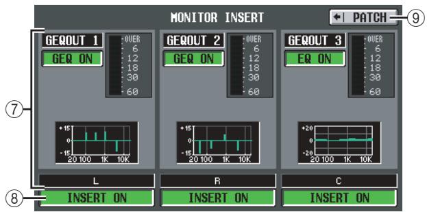 MONITOR INSERT GEQ OUT 1 GEQ ON GEQ OUT 2 GEQ ON GEQ OUT 3 GEQ ON +15° 0 -15° 20 100 1K 10K +15° 0 -15° 20 100 1K 10K +20° 0 -20° 20 100 1K 10K L R C INSERT ON INSERT ON INSERT ON ⑦ ⑧ ⑨ PATCH