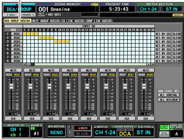 DCA/ GROUP 001 Openings PRESENT TIME 5:23:43 METER SECTION CH 1-24 ST IN BACK FORWARD NEXT SCENE MEMORY 002 OGT1 DOA GROUP ASSIGN MUTE GROUP ASSIGN EQ LINK ASSIGN COMP LINK ASSIGN INPUT CH 1 2 3 4 5 6 7 8 9 10 11 12 13 14 15 16 17 18 19 20 21 22 23 24 25 26 27 28 29 30 31 32 33 34 1 DCR1 2 DCR2 3 DCR3 4 DCR4 5 DCR5 6 DCR6 7 DCR7 8 DCR8 MUTE MUTE MUTE MUTE MUTE MUTE MUTE MUTE MUTE MUTE MUTE DCA1 DCR1 DCR2 DCR3 DCR4 DCR5 DCR6 DCR7 DCR8 10 5 -10 -20 -30 0.00 0.00 0.00 0.00 0.00 CUE CUE CUE CUE CUE CUE CUE CUE CUE SELECTED CH MACHINE ID CH 1 #1 SEND RQMX20 INPUT CH FADER STATUS STIN/FORM CH 1-24 ZOPERATING DCA ST IN DIRECTOR UBER DEF KEY MARK CH LEVEL CH IN MUTE MASTER A