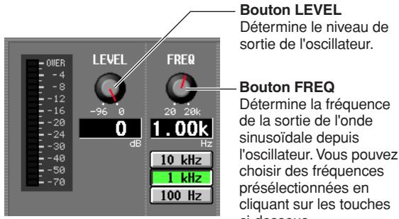 Bouton LEVEL Détermine le niveau de sortie de l'oscillateur. Bouton FREQ Détermine la fréquence de la sortie de l'onde sinusoïdale depuis l'oscillateur. Vous pouvez choisir des fréquences présélectionnées en cliquant sur les touches si-dessous.