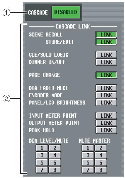 ① CASCADE DISABLED CASCADE LINK SCENE RECALL STORE/EDIT LINK LINK CUE/SOLO LOGIC DIMMER ON/OFF LINK LINK PAGE CHANGE DCA FADER MODE ENCODER MODE PANEL/LCD BRIGHTNESS LINK LINK LINK INPUT METER POINT OUTPUT METER POINT PEAK HOLD LINK LINK LINK DCA LEVEL/MUTE MUTE MASTER 1 2 3 4 5 6 7 8 1 2 3 4 5 6 7 8