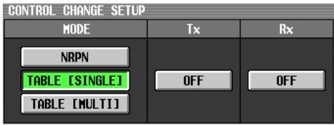 CONTROL CHANGE SETUP MODE Tx Rx NRPN TABLE [SINGLE] OFF OFF TABLE [MULTI]