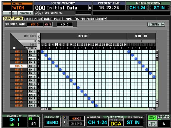 OUTPUT PATCH 000 Initial Data PRESENT TIME 16:23:24 METER SECTION CH 1-24 ST IN OUTPUT PATCH INSERT PATCH INSERT POINT NAME OUTPUT PATCH LIBRARY SELECTED PATCH MIX 5 MX 5 MIX 5 CATEGORY ID PUNT CH OSSDN MX 1 MX 2 MX 3 MX 4 MX 5 MX 6 MX 7 MX 8 MX 9 MX10 MX11 MX12 MX13 MX14 MX15 MX16 MIX OUT SLOT OUT 1 2 3 4 5 6 7 8 9 10 11 12 13 14 15 16 17 18 19 20 21 22 23 24 INPUT CH FADER STATUS STIN/FRIN CH 1-24 DCA ST IN SELECTED CH MACHINE E CH 1 #1 SEND CH LEVEL