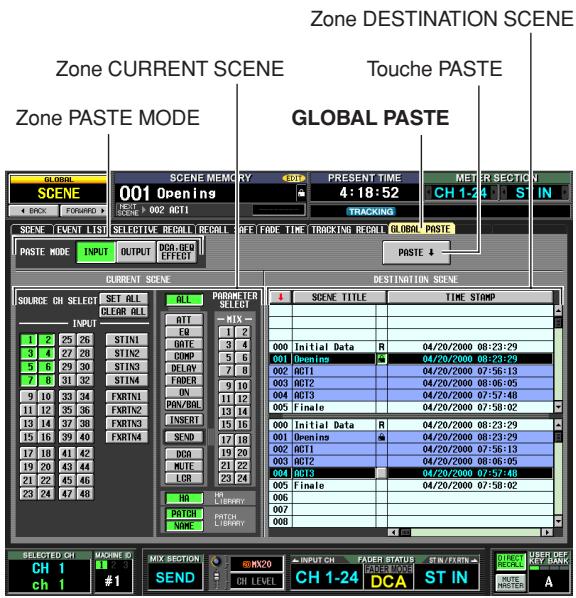 Zone DESTINATION SCENE Zone CURRENT SCENE Touche PASTE Zone PASTE MODE GLOBAL PASTE GLOBAL PASTE 001 Openings PRESENT TIME 4:18:52 METTER SECTION CH 1-24 ST IN TRACKING PASTE ↓ CURRENT SCENE DESTINATION SCENE SOURCE CH SELECT SET ALL CLEAR ALL INPUT 1 2 25 76 STIN1 3 4 27 28 STIN2 5 6 29 30 STIN3 7 8 31 32 STIN4 9 10 33 34 FXRTN1 11 12 35 36 FXRTN2 13 14 37 38 FXRTN3 15 16 39 40 FXRTN4 ALL PRODUMETER SELECT OUT MIX EY 1 2 ORTE 3 4 COMP 5 6 DELAY 7 8 FADER 9 10 ON 11 12 PAN/BRL 13 14 INSERT 15 16 SEND 17 18 DDR 19 20 MUTE 21 22 LGR 23 24 NO HIN LIPPERVY PATCH NAME PITCH LIPPERVY SCENE TITLE TIME STOMP 000 Initial Data R 04/20/2000 08:23:29 001 Openings R 04/20/2000 08:23:29 002 ACT1 R 04/20/2000 07:56:13 003 ACT2 R 04/20/2000 08:06:05 004 ACT3 R 04/20/2000 07:57:48 005 Finale R 04/20/2000 07:58:02 000 Initial Data R 04/20/2000 08:23:29 001 Openings R 04/20/2000 08:23:29 002 ACT1 R 04/20/2000 07:56:13 003 ACT2 R 04/20/2000 B6:06:05 004 ACT3 R 04/20/2000 07:57:48 005 Finale R 04/20/2000 07:58:02 006 007 008 SELECTED ON MACHINE ID MIX SECTION INPUT CH FADER STATUS STEN/FRNTS USER OFF KEY BANK CH 1 #1 SEND CH LEVEL CH 1-24 DCA ST IN ROUTE METER A