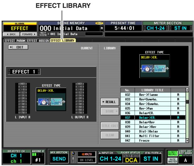 EFFECT LIBRARY GLOBAL EFFECT 000 Initial Data PRESENT TIME 5:44:01 METER SECTION CH 1-24 ST IN EFFECT PARAM EFFECT REACTION EFFECT LIBRARY EDIT CURRENT EFFECT TYPE DELAY->ER. EFFECT 1 No. LIBRARY TITLE 032 Rev->Flanse R 033 Rev+Sympho. R 034 Rev->Sympho. R 035 Rev->Pan R 036 Delay+ER. R 037 Delay->ER. R 038 Delay+Rev R 039 Delay->Rev R 040 Dist->Delay R 041 Multi Filter R 042 Freeze R SELECTED CH MACHINE ID CH 1 2 3 ch 1 #1 MIX SECTION SEND RXMX20 CH LEVEL INPUT CH FADER STATUS STIN/ERTN FADER MODE DCA ST IN DIRECT ORDER UBER DEF WRITE ORDER A