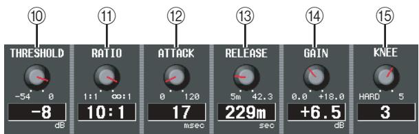 10 THRESHOLD -54 0 -8 dB RATIO 1:1 ∞:1 10:1 ATTACK 0 120 17 insec RELEASE 5m 42.3 229m sec GAIN 0.0 +18.0 +6.5 dB 14 15 KNEE HARD 5 3