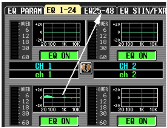 EQ PARAM EQ 1-24 EQ25-48 EQ STIN/FXR OVER +20 6 0 12 -20 18 30 30 60 20 100 1K 10K 20 100 1K 10K OVER +20 6 0 12 -20 18 30 30 60 20 100 1K 10K EQ ON EQ ON CH 1 CH 2 ch 1 ch 2 OVER +20 6 0 12 -20 18 30 30 60 20 100 1K 10K EQ ON EQ ON