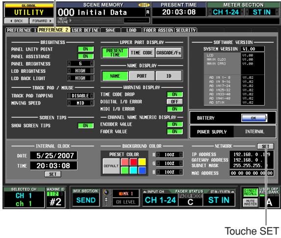 GLOBAL UTILITY 000 Initial Data PRESENT TIME 20:03:08 METER SECTION CH 1-24 ST IN PREFERENCE 1 PREFERENCE 2 USER DEFINE SAVE LOAD FADER ASSIGN SECURITY BRIGHTNESS ON PRESENT PART DISPLAY PRESENT TIME TIME CODE CASCADE/Fs NONE DISPLAY NONE PORT ID WARNING DISPLAY TIME CODE DROP ON DIGITAL I/O ERROR OFF MID MIO ERROR ON CHANNEL NAME NUMERIC DISPLAY ENCIDER VALVE FADER VALVE ON SUPPORT VERSION SYSTEM VERSION U.00 LED UP U.00 RINH LDD U.00 RINH CPU U.00 RD IN 1-8 U.02 RD IN 9-16 U.02 RD IN17-24 U.02 RD IN55-32 U.02 RD IN33-48 U.02 RD IN41-48 U.02 RD STIN U.02 BATTERY OK POWER SUPPLY INTERNAL INTERNAL CLOCK BACKGROUND COLOR NETWORK SET DATE 5/25/2007 TIME 20:03:08 SET PRESET COLOR R 100Z IP ADDRESS 192,168,0.19 DEFRELT G 100Z GIEWHY ADDRESS 192,168,0.19 B 100Z SUBNET MASK 295,255,255. MAC ADDRESS 00 00 00 00 00 00 SELECTED CH WOING #2 MIX SECTION INPUT CH FADER STATUS STIN/FRIN STIN/FRIN STIN/FRIN STIN/FRIN STIN/FRIN STIN/FRIN STIN/FRIN STIN/FRIN STIN/FRIN STIN/FRIN STIN/FRIN STIN/FRIN STIN/FRIN STIN/FRIN STIN/FRIN STIN/FRIN STIN/FRIN STIN/FRIN STIN/FRIN STIN/FRIN STIN/FRN CH 1 #2 SEND CH LEVEL CH 1-24 C ST IN