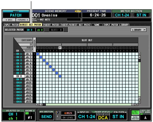 INPUT PATCH SCENE MEMORY 001 Openings PRESENT TIME 6:24:26 METER SECTION CH 1-24 ST IN BACK FORDED INPUT PATCH DIRECT OUT PATCH INSERT PATCH INSERT/DIRECT OUT POINT NAME INPUT PATCH LIBRARY SELECTED PATCH CH 8 ch 8 SLOT1-8 CATEGORY SLOT OUT ID PUNT PSSIGN CH 1 oh 1 CH 2 oh 2 CH 3 oh 3 CH 4 oh 4 CH 5 oh 5 CH 6 oh 6 CH 7 oh 7 CH 8 oh 8 CH 9 oh 9 CH10 oh10 CH11 oh11 CH12 oh12 CH13 oh13 CH14 oh14 CH15 oh15 CH16 oh16 2 1 2 3 4 5 6 7 8 9 10 11 12 13 14 15 16 17 18 19 20 21 22 23 24 25 26 27 28 29 30 31 32 33 34 35 36 37 38 39 40 41 42 43 44 45 46 47 48 49 50 51 52 53 54 55 56 57 58 59 60 61 62 63 64 65 66 67 68 69 70 SELECTED CH MACHINE ID CH 1 #1 MIX SECTION NUMCNO INPUT CH FADER STATUS STIN/ERTN USER DEF KEY BANK CH LEVEL CH LEVEL CH DCA ST IN ROUTE CHECK A