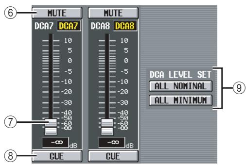 MUTE DCA7 DCA7 10 5 0 -5 -10 -20 -30 -40 -50 -60 -80 -∞ dB MUTE DCA8 DCA8 10 5 0 -5 -10 -20 -30 -40 -50 -60 -80 -∞ dB CUE CUE DCA LEVEL SET ALL NOMINAL ALL MINIMUM ⑥ ⑦ ⑧ ⑨