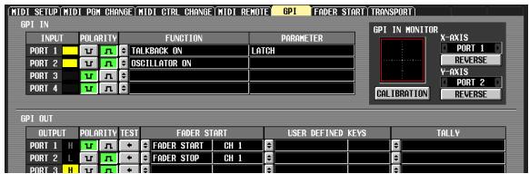 MIDI SETUP MIDI POM CHANGE MIDI CTRL CHANGE MIDI REMOTE GPI FADER START TRANSPORT GPI IN INPUT POLORITY FUNCTION PARAMETER PORT 1 V A TOLBACK ON LATCH PORT 2 V A OSCILLATOR ON PORT 3 V A PORT 4 V A GPI OUT OUTPUT POLORITY TEST FADER START USER DEFINED KEYS TALLY PORT 1 H V A FADER START CH 1 PORT 2 L V A FADER STOP CH 1 PORT 3 H V A