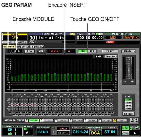 GEQ PARAM Encadré INSERT Encadré MODULE Touche GEQ ON/OFF BLUE 001 Initial Data SCENE MEMORY GE TIME CODE METER SECTION BOX OSC OX OSS MATRIX GEQ PARAM EQ ASSIGN GEQ LIBRARY GEQ 4 LINK INSERT INS MX 1 MX 1 GEQ PEQ EQ OFF LIBRARY FAST PEAK HOLD IN OUT LIMIT 11dB #1dB 16dB -24dB EQ FLAT ASSIGN TO FADERS CH 1 ch 1 MACHINE ID #1 MIX SECTION SEND MV20 INPUT CH FADER STATUS STIN/FRIN CH 1-24 DCA ST IN AUTO ASSIGN USER OFF KEY BANK A