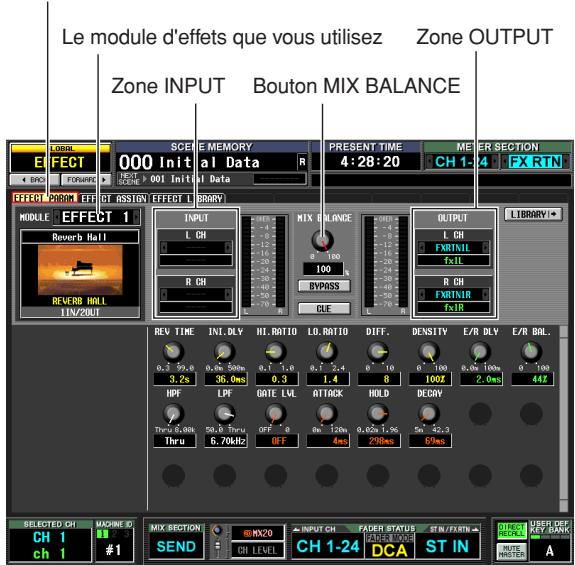 Le module d'effets que vous utilisez Zone OUTPUT Zone INPUT Bouton MIX BALANCE EFFECT 000 Initial Data EFFECT 1 MODULE EFFECT 1 Reverb Hall REVERB HALL TIN/2OUT SCE MEMORY NEXT 001 Initial Data PRESENT TIME 4:28:20 MEER SECTION CH 1-24 FX RTN INPUT L CH R CH MIX BALANCE 100 BYPASS DLE OUTPUT L CH FXRINIL TxIE R CH FXRINIR TxIR REV TIME INI. DLY HI. RATIO LD. RATIO DIFF. DENSITY E/R DLY E/R BAL. 0,5,30,8 0,6,50,9m 0,1,1,6 0,7,5,4 e '10 0" 100 0,6,10,9m 0" 100 3,2s 36,0ms 0,3 1,4 8 100Z 2,0ms 44Z HDF LPI GATE LVL ATTACK HOLD DECY These 6,8mm 50,8 mm Diff 8 8" 12mm 0,6% 1,9% 5m 42,3 Thru 6,70kHz OFF 4ms 250ms 5ms SELECTED ON MACHINE #1 MIX SECTION INPUT CH FASER STATUS STEN/FEREN UNIP OF KEY BANK CH 1 MX20 CH 1-24 DCA ST IN ROUTE MISTER A SEND CH LEVEL