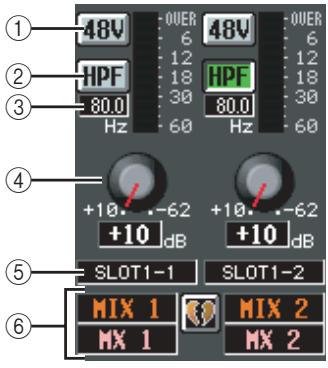 ① 48V OVER 48V 6 6 HPF 12 18 30 HPF 12 18 30 Hz 60 Hz 60 ② ③ ④ +10. -62 +10. -62 +10 dB +10 dB ⑤ SLOT1-1 SLOT1-2 ⑥ MIX 1 MIX 2 MX 1 MX 2