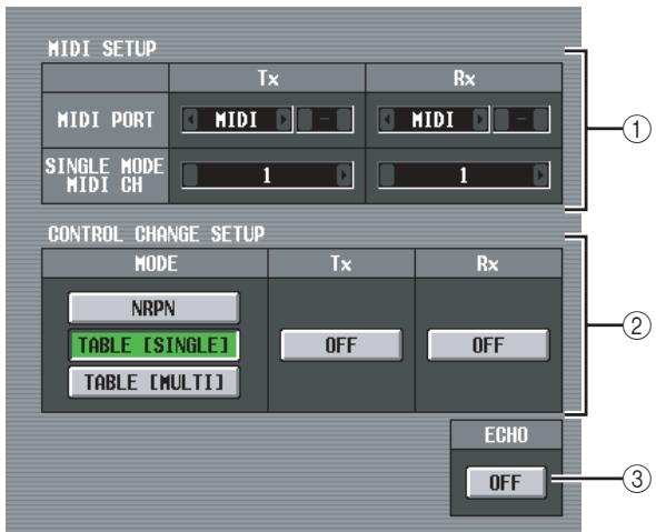 MIDI SETUP Tx Rx MIDI PORT MIDI -MIDI SINGLE MODE MIDI CH 1 1 CONTROL CHANGE SETUP MODE Tx Rx NRPN TABLE [SINGLE] OFF OFF TABLE [MULTI] ECHO OFF ① ② ③