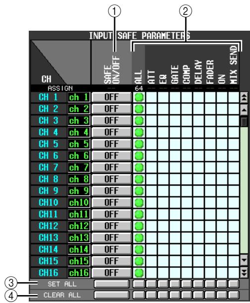 INPUT SAFE PARAMETERS CH ASSIGN CH 1 ch 1 OFF CH 2 ch 2 OFF CH 3 ch 3 OFF CH 4 ch 4 OFF CH 5 ch 5 OFF CH 6 ch 6 OFF CH 7 ch 7 OFF CH 8 ch 8 OFF CH 9 ch 9 OFF CH10 ch10 OFF CH11 ch11 OFF CH12 ch12 OFF CH13 ch13 OFF CH14 ch14 OFF CH15 ch15 OFF CH16 ch16 OFF ALL ATT EQ GATE COMP DELAY FADER ON MIX SEND SET ALL CLEAR ALL