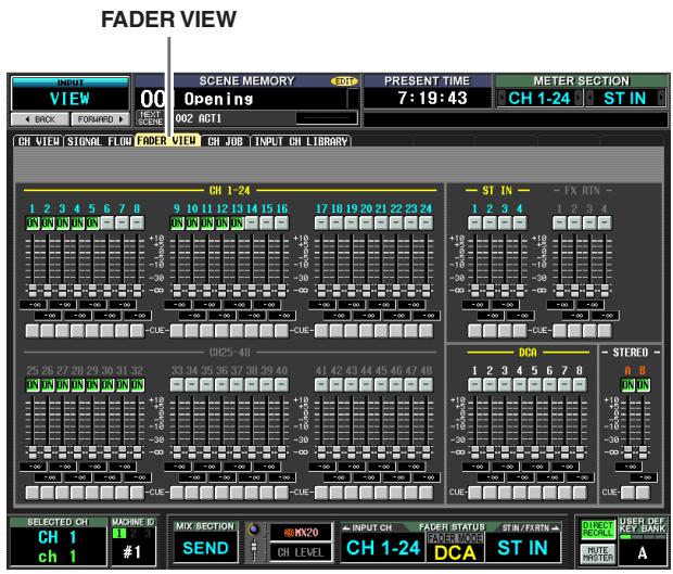 FADER VIEW INPUT VIEW 00 SCENE MEMORY Open ins PRESENT TIME 7:19:43 METER SECTION CH 1-24 ST IN CH I-24 ST IN FX RIN 1 2 3 4 1 2 3 4 CH 1-24 1 2 3 4 CH 1-24 1 2 3 4 CH 1-24 1 2 3 4 CH 1-24 1 2 3 4 CH 1-24 1 2 3 4 CH 1-24 1 2 3 4 CH 1-24 1 2 3 4 SELECTED CH MACHINE ID CH 1 #1 MIX SECTION MX20 INPUT CH FADEER STATUS ST IN / FARTIN SEND CH LEVEL CH 1-24 DCA ST IN DIRECTOR RUTER DEF KEY BANK A