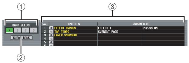 BANK SELECT No. FUNCTION PARAMETERS 1 EFFECT BYPASS EFFECT 1 BYPASS ON 2 (UP TEMPO) CURRENT PAGE 3 LAYER SNAPSHOT 4 5 6 ① ② CLEAR BANK