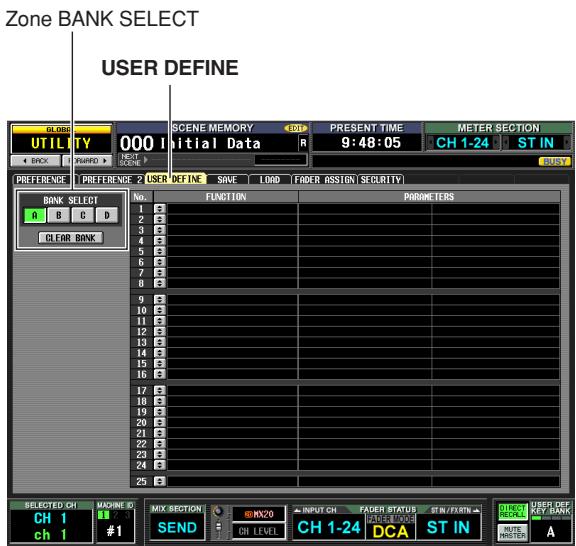 Zone BANK SELECT USER DEFINE 000 I SCENE MEMORY Initial Data PRESENT TIME 9:48:05 METER SECTION CH 1-24 ST IN PREFERENCE PREFERENCE USER DEFINE SAVE LOAD FINDER ASSIGN SECURITY BANK SELECT No. FUNCTION PARAMETERS A B C D CLEAR BANK 1 2 3 4 5 6 7 8 9 10 11 12 13 14 15 16 17 18 19 20 21 22 23 24 25 SELECTED CH CH 1 CH 1 MACHINE ID #1 MIX SECTION SEND MX20 DE LEVEL INPUT CH FADER STATUS BANK 1-24 DCA ST IN KEY BANK UNIT OF HUTER MISTER A