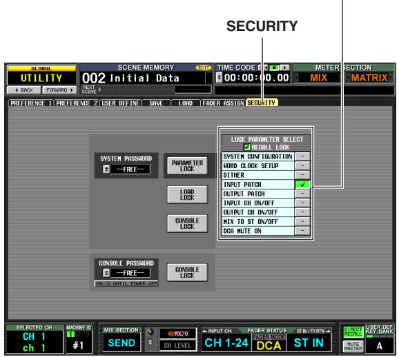 GLOBAL UTILITY 002 Initial Data TIME CODE 1 00:00:00.00 METER SECTION BACK FORWARD PREference 1 PREFERENCE 2 USER DEFINE SAVE LOAD FADER ASSIGN SECURITY SYSTEM PASSWORD --FREE-- PARAMETER LOCK LOAD LOCK CONSOLE LOCK CONSOLE PASSWORD --FREE-- SELECT INITIAL POWER OFF LOCK PARAMETER SELECT REDALL LOCK SYSTEM CONFIGURATION - WORD CLOCK SETUP - DITHER - INPUT PATCH - OUTPUT PATCH - INPUT CH ON/OFF - OUTPUT CH ON/OFF - MIX TO ST ON/OFF - DCA MUTE ON - SELECTED ON CH 1 ch 1 MIX SECTION SEND SNX20 CH LEVEL INPUT CH FADER STATUS STIN/FORM CH 1-24 DCA ST IN MUTE INJECTION A SECURITY