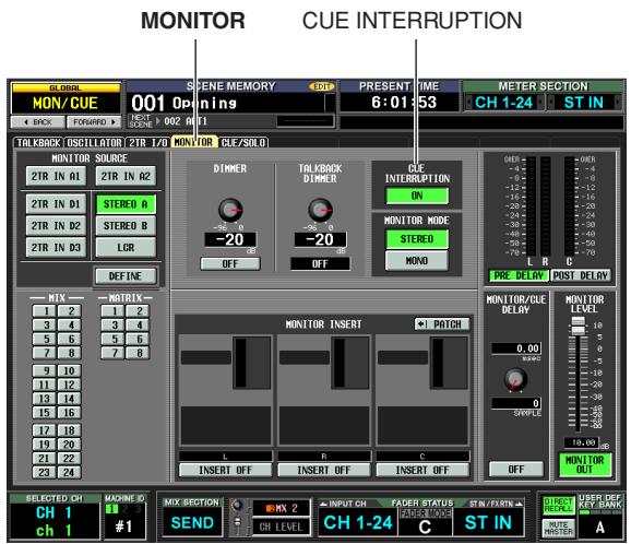 MONITOR CUE INTERRUPTION GLOBAL MON/CUE 001 Op SCENE MEMORY PRESENT TIME 6:01:53 METER SECTION CH 1-24 ST IN BACK FOR/WND TALKBACK OSCILLATOR (2TR 1/20 MONITOR DLE/SOLO) MONITOR SOURCE 2TR IN A1 2TR IN A2 2TR IN D1 STERED A 2TR IN D2 STERED B 2TR IN D3 LCR DEFINE DIMMER TALKBACK DIPERS OUT INTERRUPTION ON MONITOR MODE STERED MOND PRE DELAY PUSH DELAY MIX MATRIX 1 2 3 4 5 6 7 8 9 10 11 12 13 14 15 16 17 18 19 20 21 22 23 24 MONITOR INSERT + PATCH L R C INSERT OFF INSERT OFF INSERT OFF MONITOR/CUE DELAY 0.00 0 SAMPLE 19.00 MONITOR OUT SELECTED CH CH 1 ch 1 MACHINE ID #1 MIX SECTION SEND MX 2 INPUT CH FASER STATUS STIN/FRAIN CH 1-24 C ST IN INPUT CH FASER STATUS STIN/FRAIN CH LEVEL