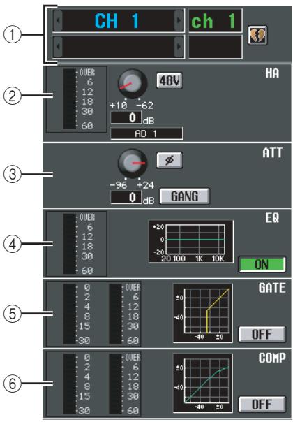 CH 1 ch 1 ① ② 48V HA 0VER 6 12 18 30 60 +10 -62 0 dB AD 1 ③ ATT ∅ -96 +24 0 dB GANG ④ EQ 6 12 18 30 60 +20 0 -20 20 100 1K 10K ON ⑤ GATE 0 -0VER 2 6 4 12 8 18 15 30 30 60 OFF ⑥ COMP 0 -0VER 2 6 4 12 8 18 15 30 30 60 OFF