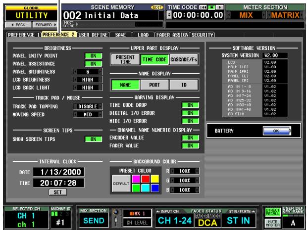 GLOBAL UTILITY 002 Initial Data TIME CODE TO 00:00:00.00 METER SECTION BACK FORWARD FERENCE 1 PREFERENCE 2 USER DEFINE SAVE LOAD FADER ASSIGN SECURITY BRIGHTNESS ON PRESENT TIME TIME CODE CASCADE/Fs NAME DISPLAY NAME PORT ID UPPER PART DISPLAY ITEMS VERSION V2.00 CLO U2.00 MIN (LD) U2.00 MIN (PR) U2.00 PINEL (L) U2.00 PINES (N) U2.00 RD IN 1-8 U1.02 RD IN 9-16 U1.02 RD IN17-24 U1.02 RD IN25-32 U1.02 RD IN32-40 U1.02 RD IN41-48 U1.02 RD STIN U1.02 STAIN U1.02 BATTERY OK TRACK PAD / MULSE DISABLE TIME CODE DROP ON DIGITAL I/O ERROR ON MIDI I/O ERROR ON CHANNEL NAME NUMERIC DISPLAY ENCIDER VALUE ON FADER VALUE ON CHANNEL TIPS ON CHANNEL NAME NUMERIC DISPLAY ENCODER VALUE ON CHANNEL NAME NUMERIC DISPLAY ENCODER VALUE ON CHANNEL NAME NUMERIC DISPLAY ENCODER VALUE ON CHANNEL NAME NUMERIC DISPLAY ENCODER VALUE ON CHANNEL NAME NUMERIC DISPLAY ENCODER VALUE ON CHANNEL NAME NUMERIC DISPLAY ENCODER VALUE ON CHANNEL NAME NUMERIC DISPLAY ENCODER VALUE ON CHANNEL NAME NUMERIC DISPLAY ENCODER VALUE ON CHANNEL NAME NUMERIC DISPLAY ENCODER VALUE ON CHANNEL Name NUMERIC DISPLAY ENCODER VALUE ON CHANNEL NAME NUMERIC DISPLAY ENCODER VALUE ON CHANNEL NAME NUMERIC DISPLAY ENCODER VALUE ON CHANNEL NAME NUMERIC DISPLAY ENCODER VALUE ON CHANNEL NAME NUMERIC DISPLAY ENCODER VALUE ON CHANNEL NAME NUMERIC DISPLAY ENCODER VALUE ON CHANNEL NAME NUMERIC DISPLAY ENCODER VALUE ON CHANNEL NAME NUMERIC DISPLAY ENCODER VALUE ON CHANNEL NAME NUMERIC DISPLAY