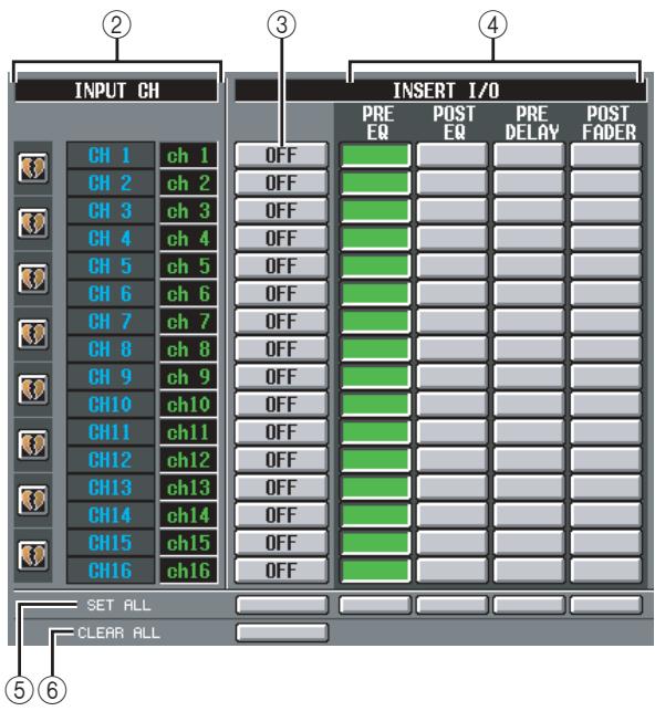 INPUT CH CH 1 ch 1 CH 2 ch 2 CH 3 ch 3 CH 4 ch 4 CH 5 ch 5 CH 6 ch 6 CH 7 ch 7 CH 8 ch 8 CH 9 ch 9 CH10 ch10 CH11 ch11 CH12 ch12 CH13 ch13 CH14 ch14 CH15 ch15 CH16 ch16 SET ALL CLEAR ALL INSERT I/O PRE EQ POST EQ PRE DELAY POST FADER