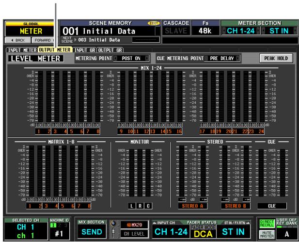 GLOBAL METER 001 Initial Data SCENE MEMORY 103 CASCADE Fs 48k METER SECTION INPUT METER OUTPUT METER INPUT GR OUTPUT GR LEVEL METER METERING POINT POST ON CLE METERING POINT PRE DELAY PEAK HOLD MIX 1-24 MATRIX 1-8 MONITOR STEREO CLE 1 2 3 4 5 6 7 8 L R C STEREO A STEREO B CLE SELECTED CH MACHINE ID MIX SECTION INPUT CH FADER STATUS CH 1-24 DCA ST IN SUPERIOR UBER OFF KEY BANK CH 1 #1 SEND CH LEVEL CH LEVEL DCA ST IN ROUTE MASTER A
