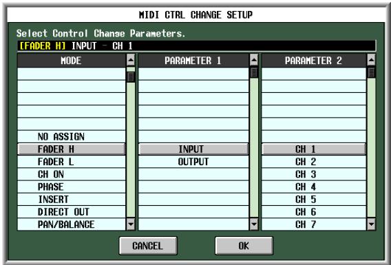 MIDI CTRL CHANGE SETUP Select Control Change Parameters. [FADER H] INPUT - CH 1 MODE PARAMETER 1 PARAMETER 2 NO ASSIGN FADER H INPUT CH 1 FADER L OUTPUT CH 2 CH ON CH 3 PHASE CH 4 INSERT CH 5 DIRECT OUT CH 6 PAN/BALANCE CH 7 CANCEL OK
