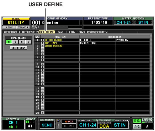 USER DEFINE GLOBAL UTILITY 001 0 SCENE MEMORY Present TIME 1:03:19 METER SECTION CH 1-24 ST IN EFFECT BYPASS EFFECT 1 BYPASS ON TOP TEMPO CURRENT PAGE LAYER SNAPSHOT No. FUNCTION PARAMETERS 1 EFFECT BYPASS EFFECT 1 2 TOP TEMPO CURRENT PAGE 3 LAYER SNAPSHOT 4 5 6 7 8 9 10 11 12 13 14 15 16 17 18 19 20 21 22 23 24 25 SELECTED CH MACHINE ID INPUT CH FADER STATUS STIN/FORTN CH 1 CH 1 #1 SEND CH LEVEL CH 1-24 DCA ST IN DIRECT CHECK USER DEF KEY BANK RUTE WIDTH A