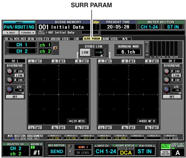 Surr Param INPUT PAN/ROUTING 001 Initial Data SCENE MEMORY NEXT SCENE 002 Initial Data PRESENT TIME 20:05:28 METER SECTION CH 1-24 ST IN CH to MIX MIX SEND VIEW FIX GSSION VIEW LCR SURR PARAM SURB VIEW M/S CH 1 ch 1 CH 2 ch 2 STEREO LINK LINK SURROUND MODE 6.1ch CH 1 OFF C OFF R OFF L OFF C OFF R OFF CH 2 DIVERGENCE F 100 LINK R 100 LFE -0 dB OFF L OFF C OFF R OFF CH 2 DIVERGENCE F 100 LINK R 100 LFE -0 dB OFF L OFF C OFF R OFF Ls OFF Bs OFF Bs Off ←L19 #F21 ←R33 #F 9 MIX SECTION ASSIGNMENT MIX 1 MIX 2 MIX 3 MIX 4 MIX 5 MIX 6 MIX 7 MIX 8 MIX SEND MODE ONLY L-R PRN F-R PRN BUD F BUD R LFE SEND CH X 9 SEND SELECTED CH MACHINE ID CH 2 #1 SEND MHX I INPUT CH FADER STATUS DCA ST IN SUPERIOR KEY DARK ROUTE START A