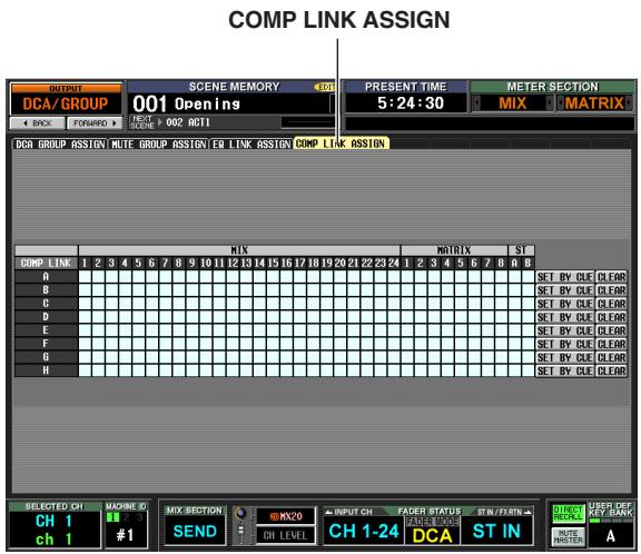 COMP LINK ASSIGN OUTPUT DCA/ GROUP 001 Openings NEXT > 002 ACTI PRESENT TIME 5:24:30 METER SECTION MIX MATRIX BACK FORwards DCH GROUP ASSIGN ROUTE GROUP ASSIGN EQ LINK ASSIGN COMP LINK ASSIGN LINK MARKS S1 COMP LINK 1 2 3 4 5 6 7 8 9 10 11 12 13 14 15 16 17 18 19 20 21 22 23 24 1 2 3 4 5 6 7 8 8 8 A B C D E F G H SET BY DLE CLEAR SET BY DLE CLEAR SET BY DLE CLEAR SET BY DLE CLEAR SET BY DLE CLEAR SET BY DLE CLEAR SET BY DLE CLEAR SELECTED CH MACHINE ID MIX SECTION INPUT ON FADER STATUS STIN/FRINT CH 1 CH 1 #1 SEND CH LEVEL CH 1-24 DCA ST IN INPUT MASTER A
