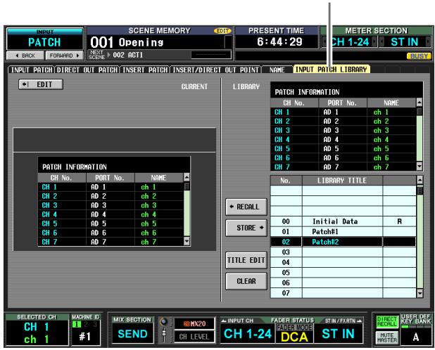 INPUT PATCH SCENE MEMORY 001 Openings PRESENT TIME 6:44:29 METER SECTION CH 1-24 ST IN ← BACK → FORWARD ← INPUT PATCH DIRECT OUT PATCH INSERT PATCH INSERT/DIRECT OUT POINT NAME INPUT PATCH LIBRARY ← EDIT CURRENT LIBRARY PATCH INFORMATION CH No. PORT No. NAME CH 1 AD 1 ch 1 CH 2 AD 2 ch 2 CH 3 AD 3 ch 3 CH 4 AD 4 ch 4 CH 5 AD 5 ch 5 CH 6 AD 6 ch 6 CH 7 AD 7 ch 7 No. LIBRARY TITLE ↓ REDALL 00 Initial Data R 01 Patch#1 02 Patch#2 03 TITLE EDIT 04 CLEAR 05 06 07 SELECTED CH CH 1 ch 1 MACHINE ID 1 2 3 #1 MIX SECTION SEND RDMX20 CH LEVEL INPUT CH FADER STATUS FADER MODES DCA ST IN DIRECT RECORDS UNITE ORDER A KEY BANK