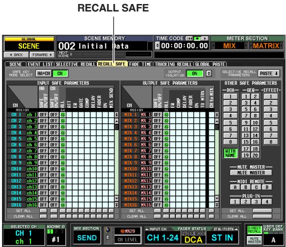 RECALL SAFE GLOBAL SCENE MEMORY 002 Initial data TIME CODE CC 00:00:00.00 METER SECTION MIX MATRIX SPECE EVENT LIST SELECTIVE RECALL RECALL SAFE FADE TIME TRACKING RECALL GLOBAL PASTE SAFE KEY MODE SELECT HIGH CH INPUT SAFE PARAMETERS SHFE INF/FF SELL ALL ATT ENI WRITE DELAY FROER UN MIX SEND OUTPUT POSITION ON SELECTIVE RECORDS POSTE OTHER SAFE PARAMETERS DGA - GE - EFFECT- 1 1 2 3 4 5 6 7 8 9 10 11 12 13 14 15 16 17 18 19 20 CH 1 ch 1 OFF DEF 0 CH 2 ch 2 OFF DEF 0 CH 3 ch 3 OFF DEF 0 CH 4 ch 4 OFF DEF 0 CH 5 ch 5 OFF DEF 0 CH 6 ch 6 OFF DEF 0 CH 7 ch 7 OFF DEF 0 CH 8 ch 8 OFF DEF 0 CH 9 ch 9 OFF DEF 0 CH10 ch10 OFF DEF 0 CH11 ch11 OFF DEF 0 CH12 ch12 OFF DEF 0 CH13 ch13 OFF DEF 0 CH14 ch14 OFF DEF 0 CH15 ch15 OFF DEF 0 CH16 ch16 OFF DEF 0 SET RLL CLEE RLL SELECTED CH MAINS #1 CH 1 #1 MIX SECTION SEND MW20 INPUT CH FADER STATUS STIN/FRNTN CH LEVEL DCA ST IN DHANDBY KEY BANK A