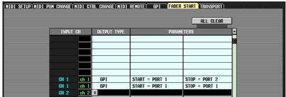 MIDI SETUP MIDI POM CHANGE MIDI CTRL CHANGE MIDI REMOTE GPI ORDER START TRANSPORT ALL CLEAR INPUT CH OUTPUT TYPE PARAMETERS CH 1 oh 1 GPI START = PORT 1 STOP = PORT 2 CH 1 oh 1 GPI START = PORT 1 STOP = PORT 1 CH 2 oh 2 5
