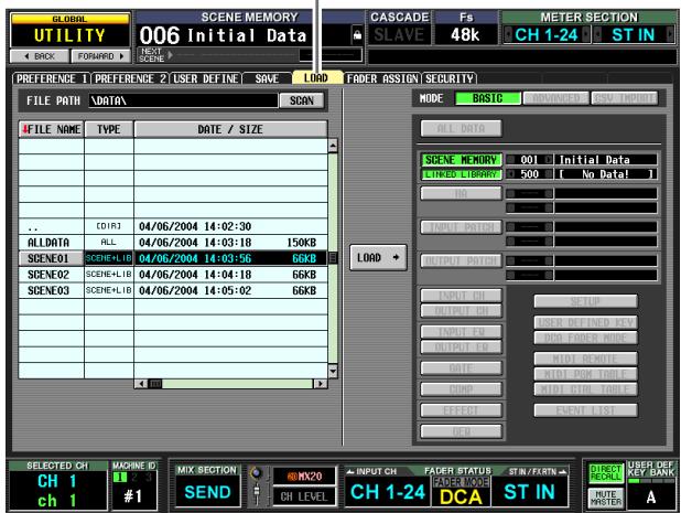 GLOBAL UTILITY 006 Initial Data BACK FORWARD SCENE MEMORY NEXT DATA PREFERENCE 1 PREFERENCE 2 USER DEFINE SAVE LOAD FADER ASSIGN SECURITY FILE PATH DATA SCAN FILE NAME TYPE DATE / SIZE CDIR 04/06/2004 14:02:30 ALLDATA RLL 04/06/2004 14:03:18 150KB SCENE01 SCENE+L1B 04/06/2004 14:03:56 6KB SCENE02 SCENE+L1B 04/06/2004 14:04:18 6KB SCENE03 SCENE+L1B 04/06/2004 14:05:02 6KB LISTED LIBRARY 500 No Data! IN INPUT PATH INPUT OUTPUT PATH INPUT INPUT ON STOP INPUT ON USER DEFINED KEY OUTPUT ON DOS FADER MODE MIDI REMOTE DATE MIDI PIN TABLE COMP MIDI GPS TABLE EFFECT EVENT LIST SELECTED CH MACHINE ID MIX SECTION INPUT CH FADER STATUS ST IN/FORM IN DIRECT RECORD USER DEF KANK CH 1 #1 SEND CH LEVEL CH 1-24 DCA ST IN HUTE PROTE A
