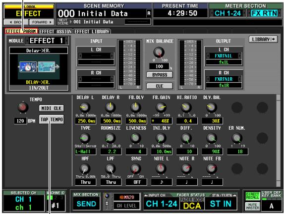 EFFECT 000 Initial Data PRESENT TIME 4:29:50 METER SECTION CH 1-24 FX RTN EFFECT REFLECT RETURN LIBRARY MODEL EFFECT 1 DELAY-XER. 11V/20U1 INPUT L CH R CH MIX BALANCE 100 BYPASS CIE OUTPUT L CH FXRTNIL FXIL R CH FXRTNILR CIE LIBRARY TEMP0 MIDI CLK 120 BPM TAP TEMPO DELAY L DELAY R FB.DLY FB.GAIN HI.RATIO DLV.BRL 0.0x 100ms 0.0x 100ms 0.0x 100ms -5.252 + 48F 0.4 30F TYPE ROOMSIZE LIVENESS INI.DLY DIFF DENSITY ER NUM. Shill Swing 0.7 50.0 0° 10 0.0x 50Hz 0° 10 0° 100 1° 19 L-Hall 2.2 4 10.0ms 16 502 16 HPF LPF SYNC NOTE L NOTE R NOTE FB THru BLWR Thru Off ON OFF SELECTED CH #ONE E MIX SECTION MX20 INPUT CH FADER STATUS STIN USER DEF KEY BANK CH 1 #1 SEND CH LEVEL CH 1-24 DCA ST IN AUTO NAME A