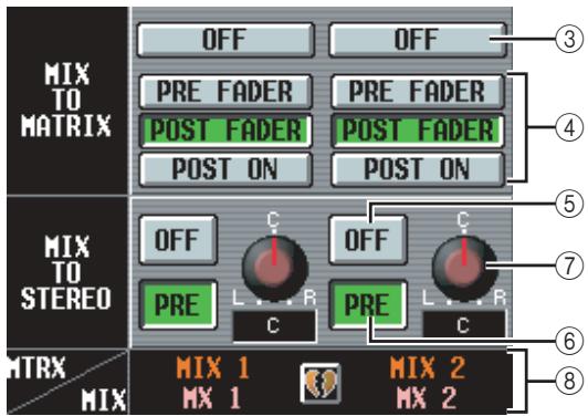 MIX TO MATRIX OFF PRE FADER POST FADER POST ON OFF PRE FADER POST FADER POST ON MIX TO STEREO OFF PRE C L...R C OFF PRE L...R C MTRX MIX 1 MX 1 MIX 2 MX 2