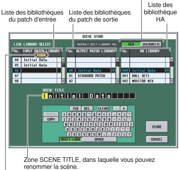 Liste des bibliothèques du patch d'entrée Liste des bibliothèques du patch de sortie Liste des bibliothèque HA SCENE STORE DEFAULT EDIT LIBRARY NO. NEW OVERWRITE LINK LIBRARY SELECT No. INPUT PATCH LIBRARY 04 Initial Data 05 Initial Data 06 07 08 No. OUTPUT PATCH LIBRARY 00 Initial Data R 01 STANDARD PATCH 02 No. HA LIBRARY 000 Initial Data R 001 HALL SETI 002 MONITOR MIX SCENE TITLE Initial Data INS DEL CLEAR DOSE I O H $ Z ~ & * ( ) + ! ~ COPY 1 2 3 4 5 6 7 8 9 0 - = \ ' Q Q E R T Y U I O P ( ) J ( ) A S D F G H J K L : : ' ' Z X C V B N M . / < > ? SHIFT LOCK SPACE STORE CANCEL Zone SCENE TITLE, dans laquelle vous pouvez renommer la scène.