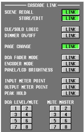 CASCADE LINK SCENE RECALL STORE/EDIT LINK LINK CUE/SOLO LOGIC DIMMER ON/OFF LINK PAGE CHANGE LINK DCA FADER MODE ENCODER MODE PANEL/LCD BRIGHTNESS LINK INPUT METER POINT OUTPUT METER POINT PEAK HOLD LINK LINK LINK DCA LEVEL/MUTE MUTE MASTER 1 2 3 4 5 6 7 8 1 2 3 4 5 6 7 8