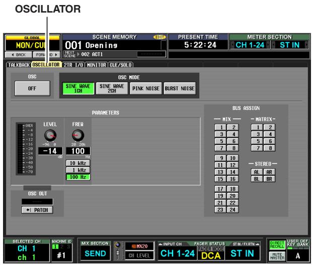 OSCILLATOR GLOBAL MON/CU 001 Openings PRESENT TIME 5:22:24 METER SECTION CH 1-24 ST IN BACK FIRE TALKBACK OSCILLATOR ZIR I/O MONITOR CLE/SOLD OSC OFF OSC MODE SINE WAVE IGH SINE WAVE 26N PINK NOISE BURST NOISE PARAMETERS BLS ASSIGN — MIX — — MATRIX- 1 2 1 2 3 4 3 4 5 6 5 6 7 8 7 8 9 10 — — STEREO — 11 12 AL AR 13 14 BL BR 15 16 17 18 19 20 21 22 23 24 OSC OUT + PATCH SELECTED CH MACHINE ID CH 1 #1 CH 1 SEND CH LEVEL CH 1-24 DCA ST IN USER DEF UNIT ORDER A