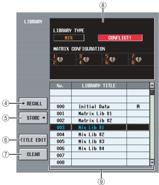 LIBRARY LIBRARY TYPE MIX CONFLICT! MATRIX CONFIGURATION 1 3 5 7 2 4 6 8 No. LIBRARY TITLE RECALL 000 Initial Data R 001 Matrix Lib #1 002 Matrix Lib #2 003 Mix Lib #1 004 Mix Lib #2 005 Mix Lib #3 006 Mix Lib #4 007 008 TITLE EDIT CLEAR ④ ⑤ ⑥ ⑦ ⑧