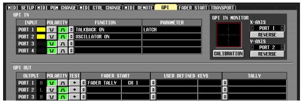MIDI SETUP MIDI POM CHANGE MIDI CTRL CHANGE MIDI REMOTE GPI FADER START TRANSPORT GPI IN INPUT POLARITY FUNCTION PARAMETER PORT 1 U N TALKBACK ON LATCH PORT 2 U N OSCILLATOR ON PORT 3 U N PORT 4 U N GPI OUT OUTPUT POLARITY TEST FADER START USER DEFINED KEYS TALLY PORT 1 H U N FADER TALLY CH 1 PORT 2 L U N PORT 3 H U N