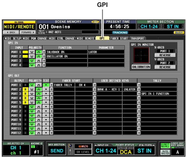 GPI GLOBAL MIDI/REMOTE 001 Openings PRESENT TIME 4:56:25 METER SECTION CH 1-24 ST IN TRACKING MIDI SETUP MIDI PON CHANGE MIDI GIRL CHANGE MIDI REMOTE GPI FADER START TRANSPORT GPI IN INPUT POLARITY FUNCTION PARAMETER PORT 1 TALKBACK ON LATCH PORT 2 OSCILLATOR ON PORT 3 PORT 4 GPI IN MONITOR X-RXIS PORT 1 REVERSE Y-RXIS PORT 2 REVERSE CALIBRATION GPI OUT OUTPUT POLARITY TEST FADER START USER DEFINED KEYS TALLY PORT 1 H FADER TALLY CH 4 BANK A - KEY 1 UNLATCH GPI IN 1 FUNCTION PORT 2 H FADER TALLY CH 4 BANK A - KEY 1 UNLATCH GPI IN 1 FUNCTION PORT 3 H FADER TALLY CH 4 BANK A - KEY 1 UNLATCH GPI IN 1 FUNCTION PORT 4 H FADER TALLY CH 4 BANK A - KEY 1 UNLATCH GPI IN 1 FUNCTION PORT 5 H FADER TALLY CH 4 BANK A - KEY 1 UNLATCH GPI IN 1 FUNCTION PORT 6 H FADER TALLY CH 4 BANK A - KEY 1 UNLATCH GPI IN 1 FUNCTION PORT 7 H FADER TALLY CH 4 BANK A - KEY 1 UNLATCH GPI IN 1 FUNCTION PORT 8 H FADER TALLY CH 4 BANK A - KEY 1 UNLATCH GPI IN 1 FUNCTION PORT 9 H FADER TALLY CH 4 BANK A - KEY 1 UNLATCH GPI IN 1 FUNCTION PORT10 H FADER TALLY CH 4 BANK A - KEY 1 UNLATCH GPI IN 1 FUNCTION PORT11 H FADER TALLY CH 4 BANK A - KEY 1 UNLATCH GPI IN 1 FUNCTION PORT12 H FADER TALLY CH 4 BANK A - KEY 1 UNLATCH GPI IN 1 FUNCTION SELECTED CH MACHINE ID MIX SECTION INPUT CH FADER STATUS STIN/FORTN DIRECT FOR CALL USER DEF KEY BANK CH 1 #1 SEND CH LEVEL CH 1-24 DCA ST IN RUTE MOUNT A