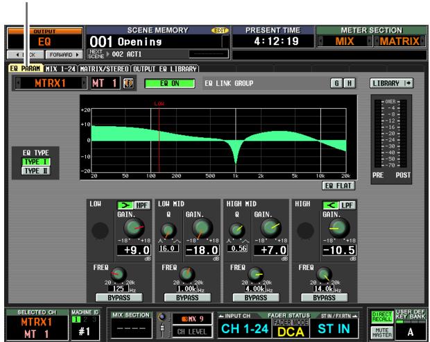 OUTPUT EQ SCENE MEMORY 001 PRESENT TIME 4:12:19 METER SECTION MIX MATRIX FORwards 002 ACTI EQ PARAM MIX 1-2X MATRIX/STEREO OUTPUT EQ LIBRARY MTRX1 MT 1 EQ ON EQ LINK GROUP G H LIBRARY + EQ TYPE TYPE I TYPE II LOW +20 +10 EQ ON EQ FLAT -20 -10 -50 -100 -150 -200 -250 -300 -350 -400 -450 -500 -550 -600 -650 -700 PRE POST LOW > LPF LOW MID Q GAIN. HIGH MID Q GAIN. HIGH < LPF GAIN. -18° +16° +9.0° Q -18.0° 0.58° +7.0° -10.5° FREQ 20 × 20k 125 kHz BYPASS FREQ 20 × 20k 1.00kHz BYPASS FREQ 20 × 20k 4.00kHz BYPASS BYPASS SELECTED CH MACHINE ID MIRK SECTION INPUT CH FADER STATUS ST IN/FRIN MUTE FORER USER DEF KEY BANK A MTRX1 MT 1 #1 CH LEVEL CH 1-24 DCA ST IN