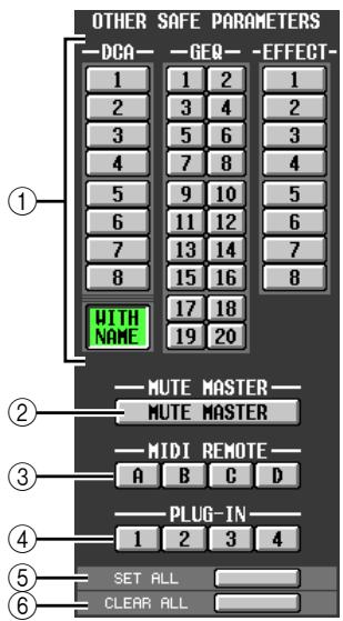 OTHER SAFE PARAMETERS DCA-GEQ-EFFECT- 1 1 2 1 2 3 4 2 3 5 6 3 4 7 8 4 5 9 10 5 6 11 12 6 7 13 14 7 8 15 16 8 WITH NAME 17 18 19 20 MUTE MASTER- MUTE MASTER MIDI REMOTE- A B C D PLUG-IN- 1 2 3 4 SET ALL CLEAR ALL