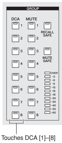 GROUP DCA MUTE 1 1 2 2 RECALL SAFE 3 3 4 4 MUTE SAFE 5 5 OVER 6 6 -3 -6 7 7 -9 -12 8 8 -15 -18 Touches DCA [1]-[8]